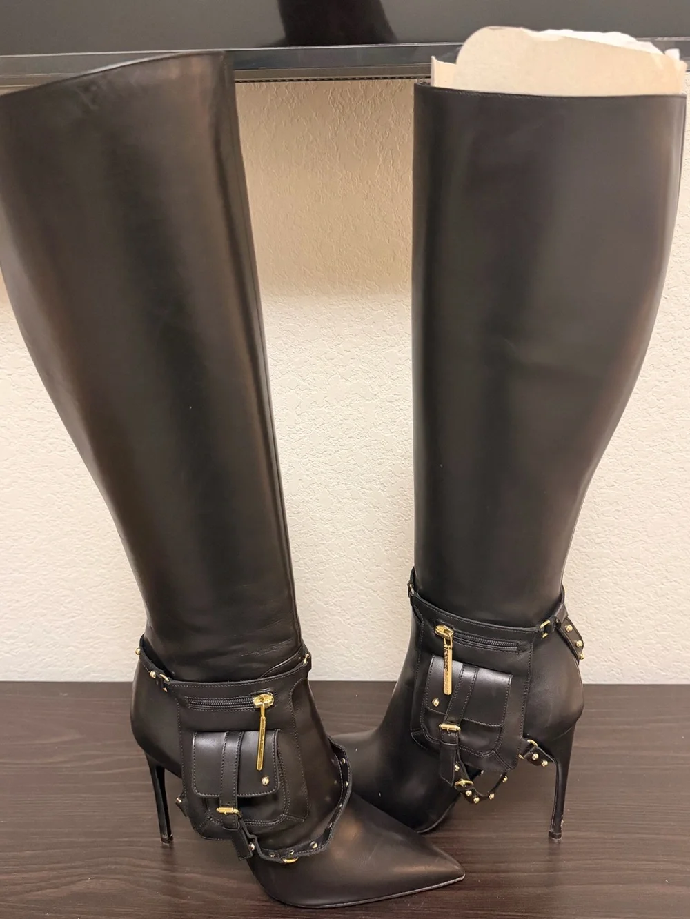 Kendall Mill Black Tall Leather Stiletto Boots with Gold Accent